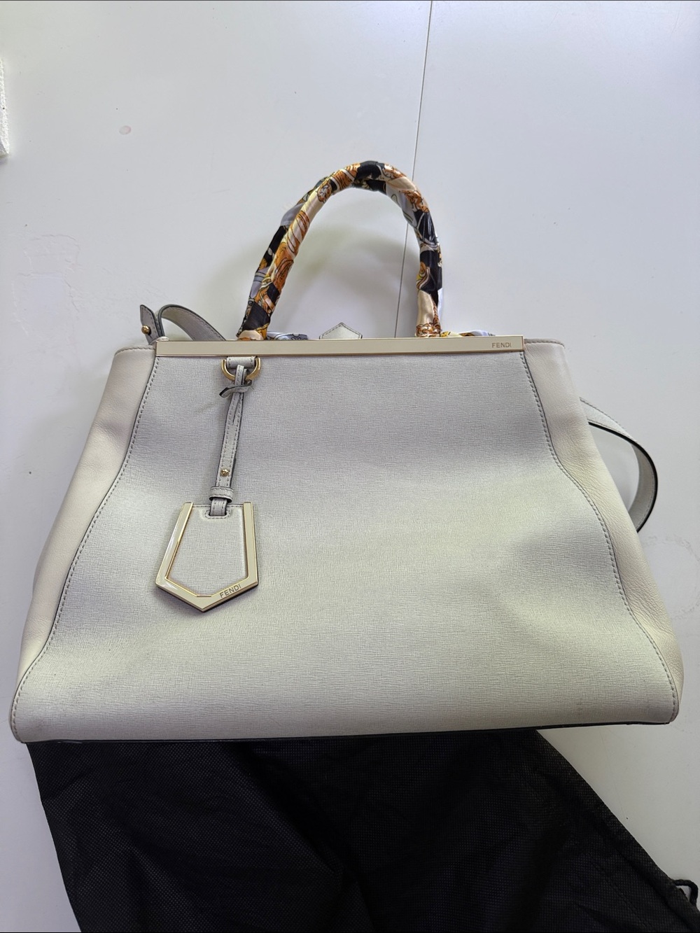 Fendi 2Jours Leather Shoulder Bag Off White with scarf